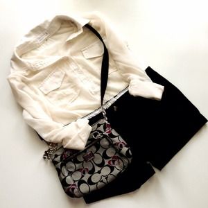 Black, gray, and pink Coach cross body bag