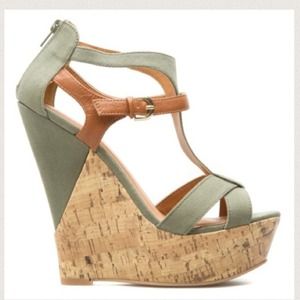 Olive Green & Camel Sky High Cork & Canvas Wedges