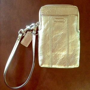 Coach Gold Leather Phone Case with wrist strap