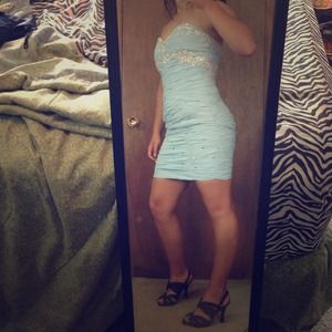 Light sky blue strapless prom dress