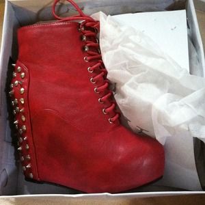 dark red studded wedge booties