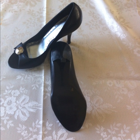 BCBG Black Leather Peep Toe Pumps - Picture 2 of 4