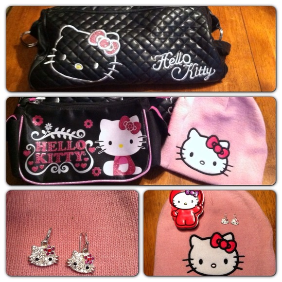Hello Kitty Handbag, earrings, make- up bag.
