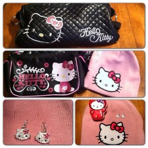 Hello Kitty Handbag, earrings, make- up bag.