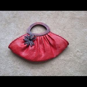 Red Straw Wooden Handle Purse