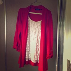 Red ruffled Shirt and cardigan