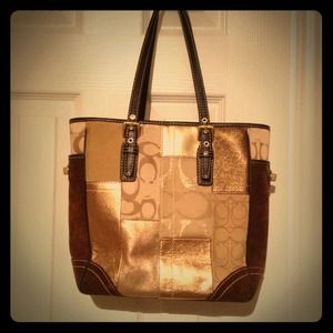 Coach gold and brown patch work tote