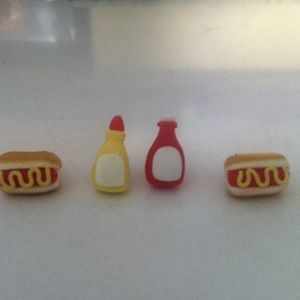 Hot dog, ketchup, and mustard earrings