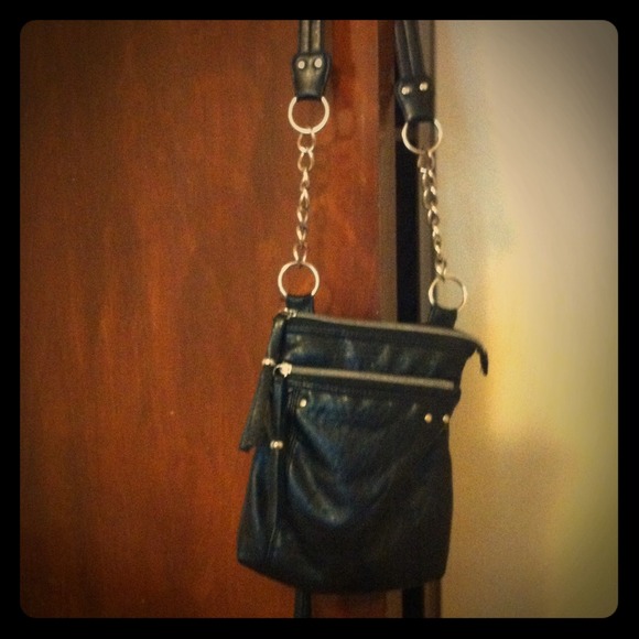 Black and silver long over the shoulder strap bag