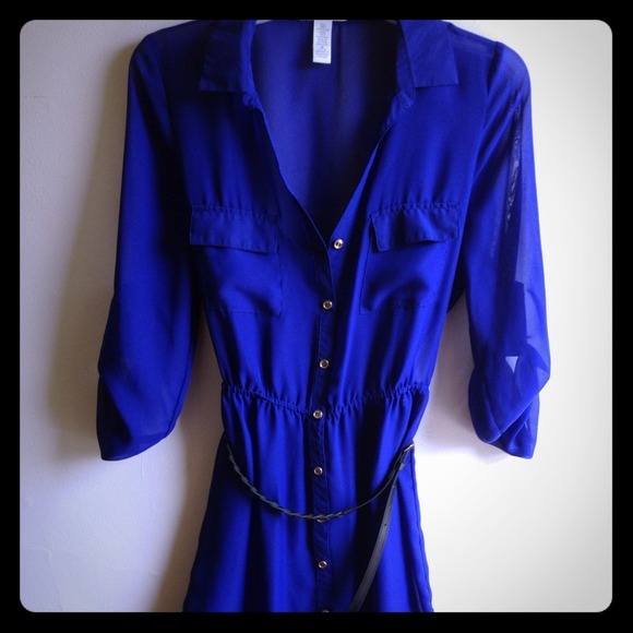 Sheer blue, button up dress with belt