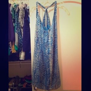 Blue dress, sexy back and neckline!