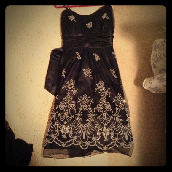 Trixxi- black satin dress with tule&silver detail