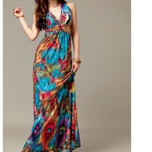 Alluring V-Neckline Peacock Sleeveless Maxi dress