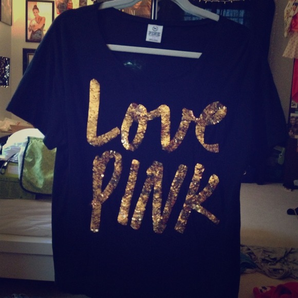 PINK black shirt with gold sequin words