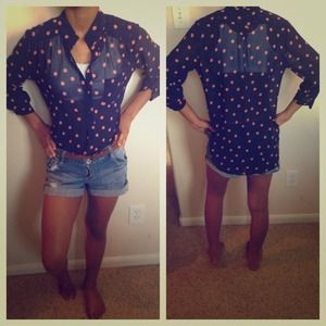 Navy blue w/ orange polka dot blouse