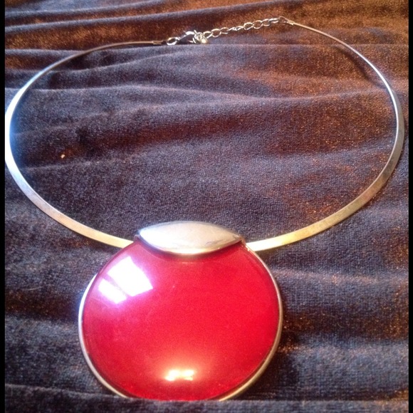 Silver collar necklace with large red pendant