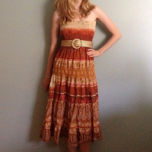 Smocked orange, yellow, and red strapless maxi