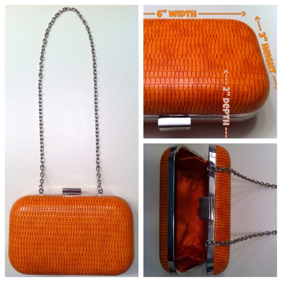 Orange Faux Leather #Clutch, Hard Case w Chain