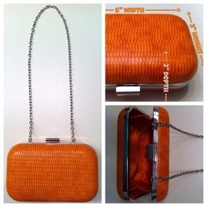 Orange Faux Leather #Clutch, Hard Case w Chain