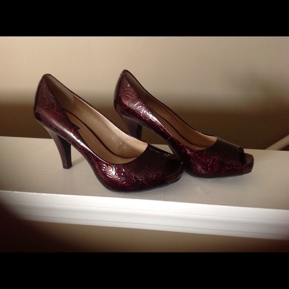 Wine colored peep toe heels