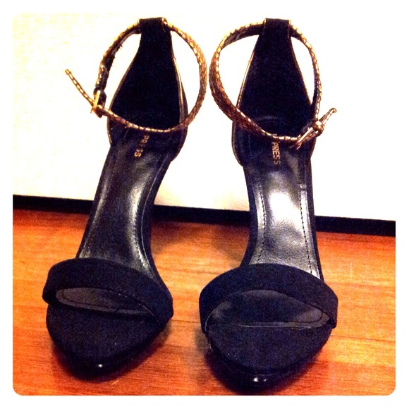 SOLD...Black and gold strappy heels. NWT & box