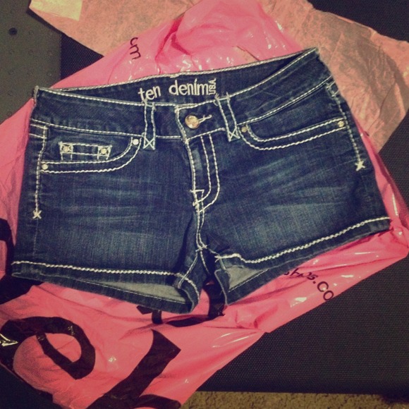 Ten Denim dark wash shorts.