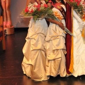 David's Bridal champagne long bridesmaid gown.