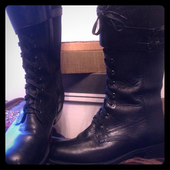 Shoes - Black leather mid calf biker boots with laces