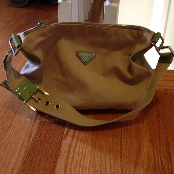 Vintage tan canvas with teal accents Prada bag