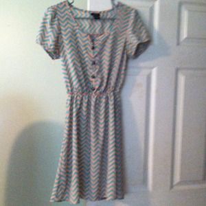 Peach and blue zig-zag dress