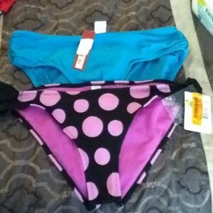 Solid teal & purple w black Polk dots swim bottoms