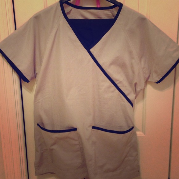 Plain beige scrubs with black detailing