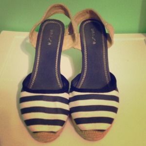 Navy blue and white striped wedges