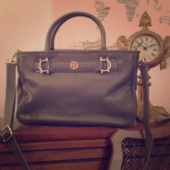 Authentic Tory Burch Grey Leather Horsebit Satchel