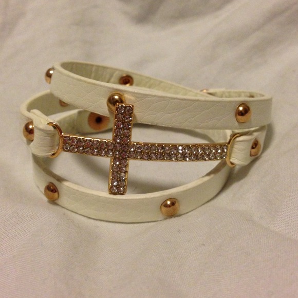 White w/ Gold Studs & Cross Wrap Bracelet