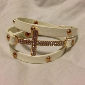 White w/ Gold Studs & Cross Wrap Bracelet
