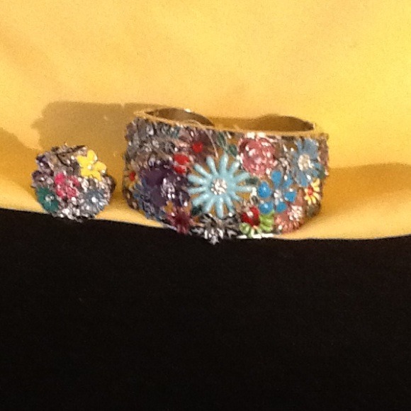 Flower bangle bracelet with ring watch
