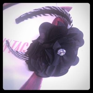 Zebra headband w/black satin flower &  rhinestone