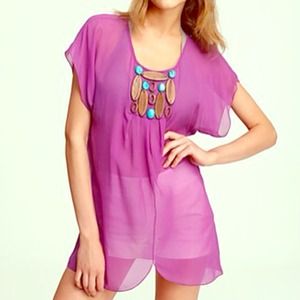Tibi Fuchsia beaded silk sheer dress cover up Sz S