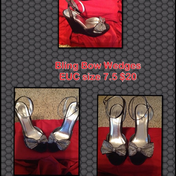 SOLD!!!!!Blinged out black bow wedges