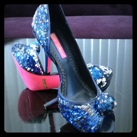 Betsey Johnson Blue/Silver Sequin Peep Toe Heels