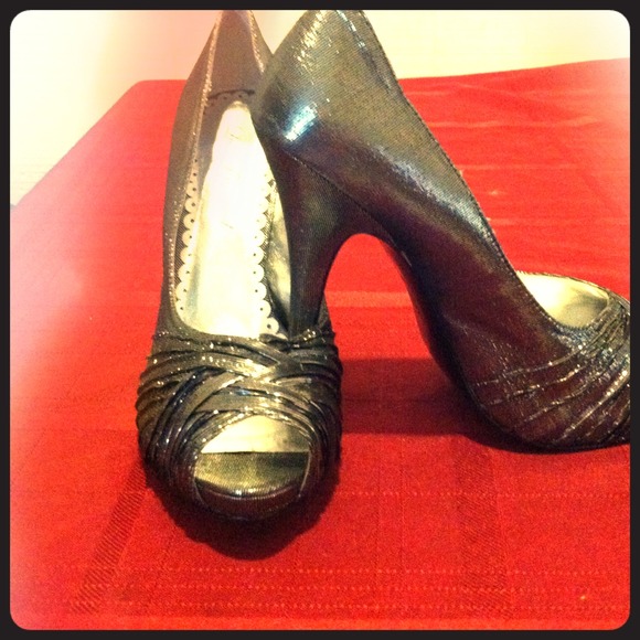 Gunmetal open toe heels