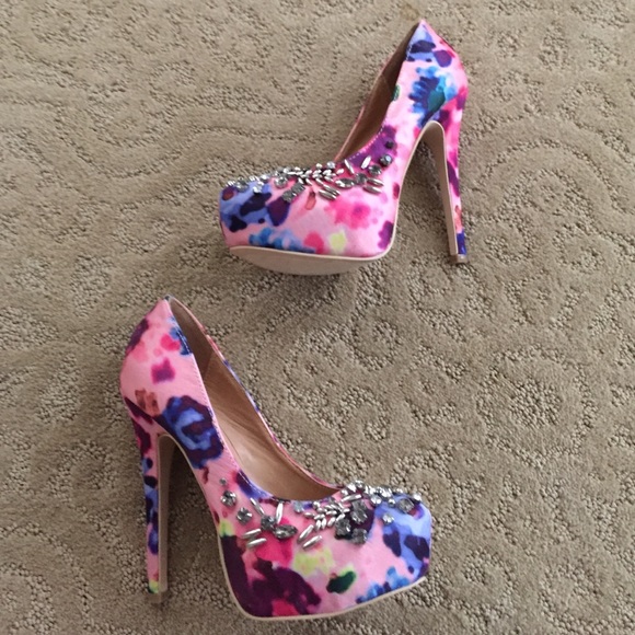 Shoes - Watercolor print embellished heels