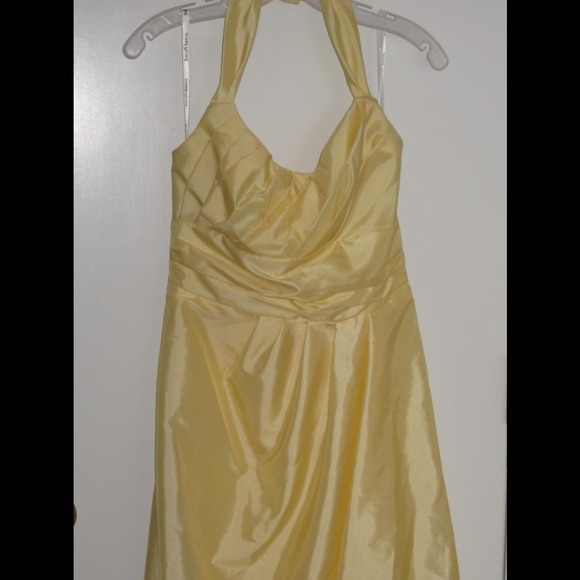 SOLD    David's Bridal yellow satin halter dress. - Picture 2 of 4
