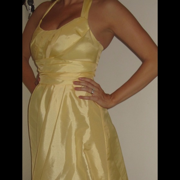 SOLD    David's Bridal yellow satin halter dress. - Picture 3 of 4