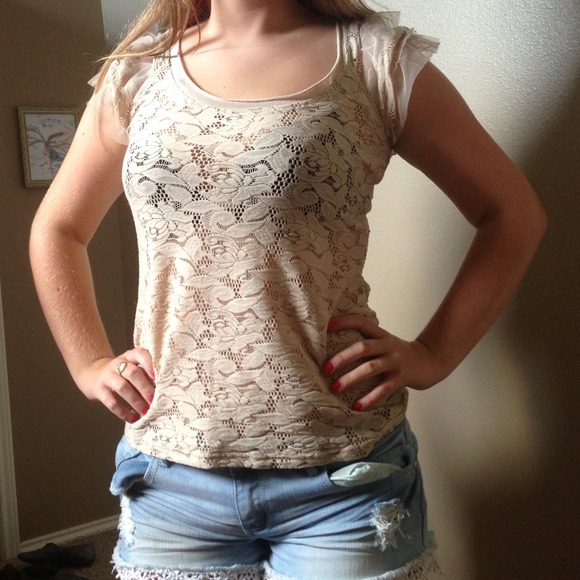 lace tan shirt with ruffled sleeves