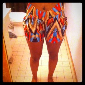 Brown, red, and blue printed high waisted shorts