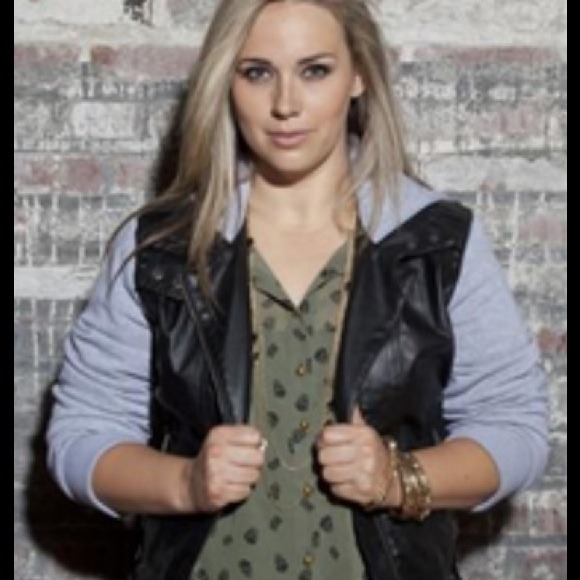 Plus-size leather jacket with fleece sleeves