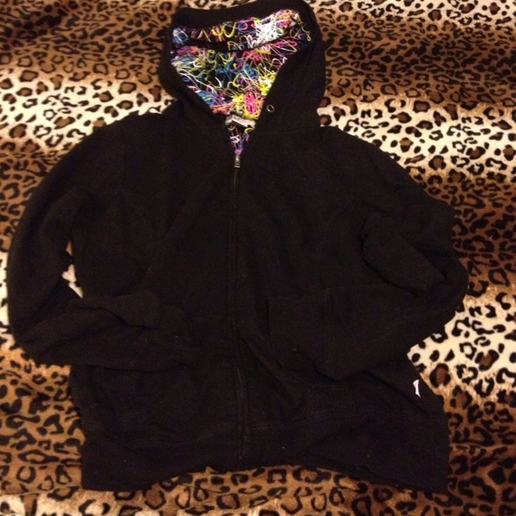 Black zip up with paint splatter hood