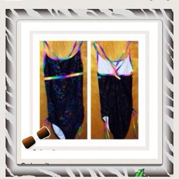 M4) Swimsuit.small aprox 3-5 women 1 piece flat top black rainbow - Picture 2 of 4